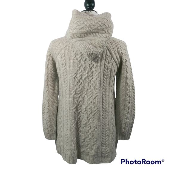 INIS CRAFTS IRELAND Merino Wool Oatmeal Button Down Hooded Cable Knit Sweater S - Picture 3 of 11